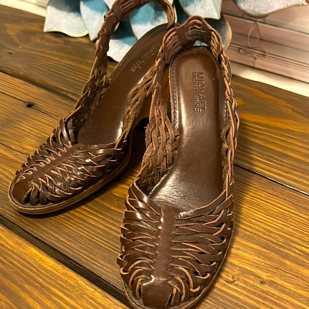 Michael Kors brown leather wedge sandals, size 9. Love these!